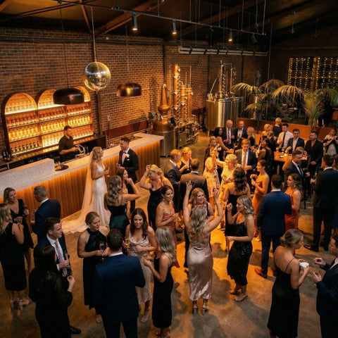 Wedding reception dance floor with copper stills and amber bottle wall at Three Foxes Distillery warehouse wedding venue Melbourne. 120 Person Wedding, Canape Cocktail Style