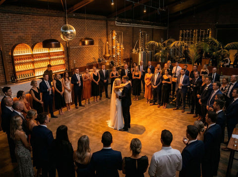 Bride and groom's first dance under a disco ball at Three Foxes Distillery wedding venue, Heidelberg West Melbourne. 120 Person Wedding, Canape Cocktail Style