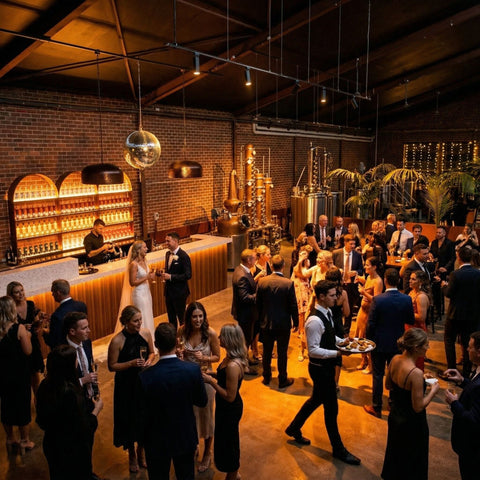 Wedding guests mingling at the bar of Three Foxes Distillery, an industrial wedding venue in Heidelberg West - 120 Person Wedding, Canape Cocktail Style